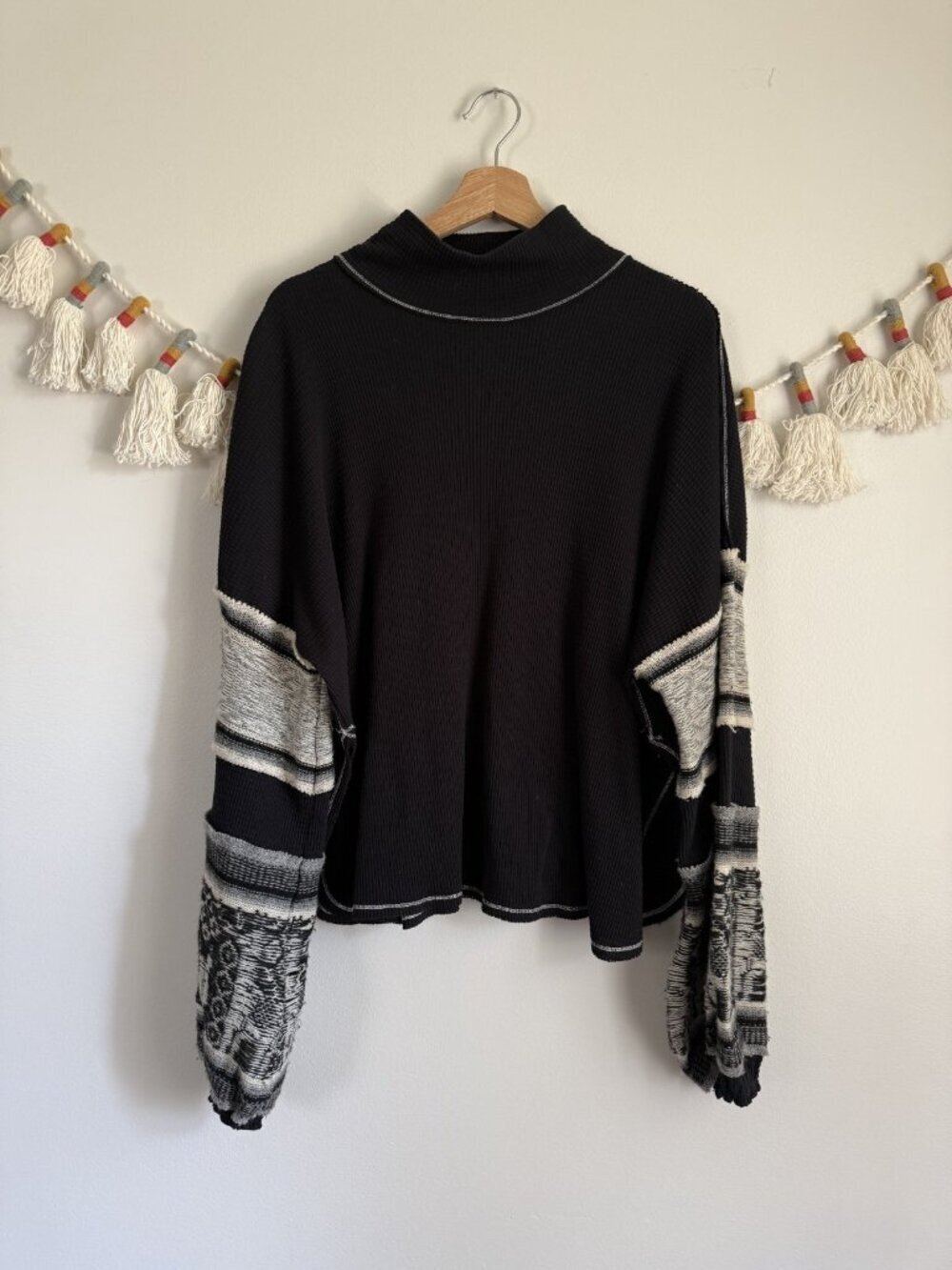 Free People Northern Lights Thermal Mock Neck Balloon Sleeve Top Boho Festival L